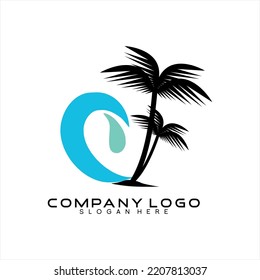 Vector logo design illustration of tsunami waves and palm trees.