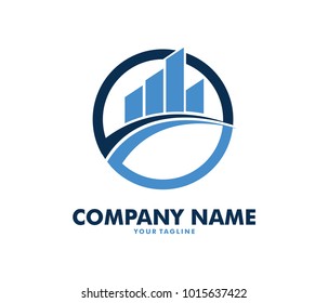 vector logo design info graphic with line bar chart of financial or stock exchange, increase profit, business management company