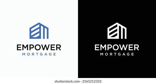 Vector logo design of initial letters E and M in the shape of a house with a modern, simple, clean and abstract style. Icon for business, architect, construction and personal branding.