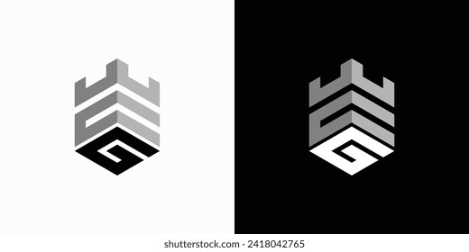 Vector logo design of the initials letter E G in the shape of a fortress shield.