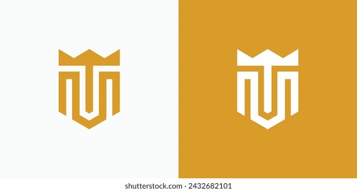 Vector logo design for initials letter T M in the shape of a shield and crown in a modern, simple, clean and abstract style.