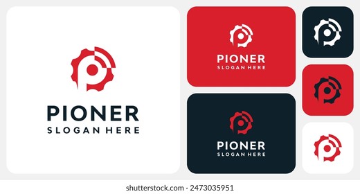 Diseño de logo de Vector de las iniciales letra P en forma de engranaje y señal en un estilo moderno, simple, limpio y abstracto.