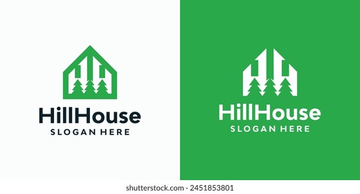 Vector logo design for the initials of the letters H H and the silhouette of a pine tree in the shape of a house in a modern, simple, clean and abstract style.