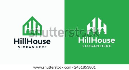 Vector logo design for the initials of the letters H H and the silhouette of a pine tree in the shape of a house in a modern, simple, clean and abstract style.