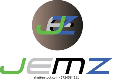 Design de logotipo vetorial para "JEMZ" com um emblema circular moderno com letras abstratas sobrepostas em verde brilhante, azul e cinza. A tipografia futurista e as formas geométricas elegantes tornam esta marca adequada para start-ups de tecnologia, empresas de software, equipes de jogos, marcas automotivas ou identidade corporativa.