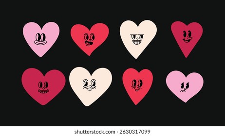 Vector logo design kit with cute smiling mascots, graphic elements, abstract hearts, line icons and stickers — ideal for advertising, branding, posters and playful social media content