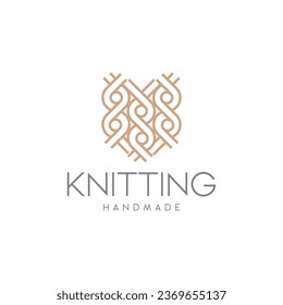 Vector logo design for knitting and textile. Handmade knit label. Vector logo template. Knit heart logo concept, crochet yarn emblem for handmade business. Illustration knit shop sign