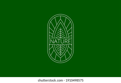 Vector Logo Design of Leaf Badge Logo Template with Linear Line Art Style for environment, food, vacation, science graphic need label