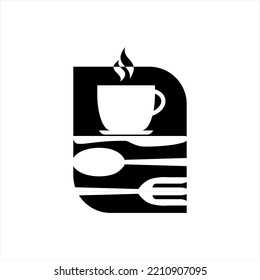 Vector logo design with letter B concept and elements of knife, spoon, fork and a cup of hot coffee.
