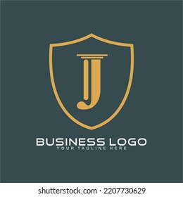Vector logo design letter J in the middle of the shield. Logo can be used for justice business, lawyer, legal aid.