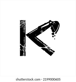 Letra K del diseño del logotipo del vector con la excavadora. 