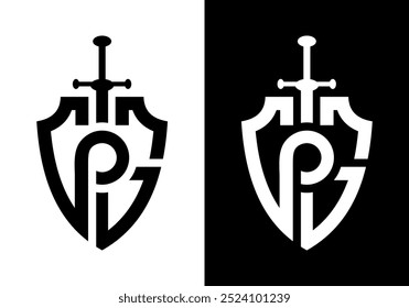 Vector logo design with a main-shaped shield, with the initials in the form of a shield and an ancient sword as an additional combination.