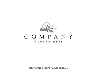 vector logo design monoline line art illustration of mountain with lake below and sunrise