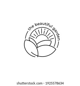 Vector logo design of monoline simple flower and sun. This logo is fit for garden brand, plant shop,etc.