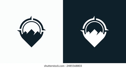 Vector logo design of mountain and compass ring shape location pin with modern, simple, clean and abstract style.