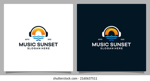 Vector logo design music. Logo headphone with circular sun and sea wave Logo. Premium vector