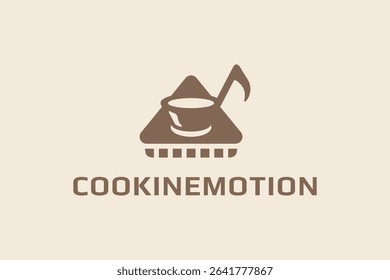 Vector Logo Design of Musical Notes in the Shape of a Bowl Being Cooked on a Stove in the Shape of a Video Player.