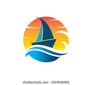 Vector Logo Design Of Ocean Sea Water Beach Summer Sailing Tourism For Travel,tour, Yacht, Hotel Ship, Hospitality In The Sea Business