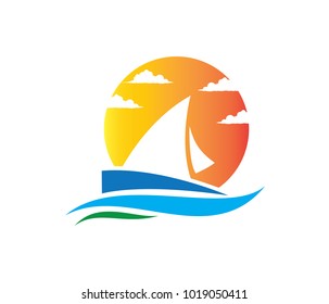 vector logo design of ocean sea water beach summer sailing tourism for travel,tour, yacht, hotel ship, hospitality in the sea business
