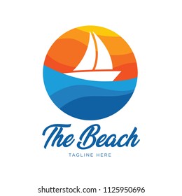 vector logo design of ocean sea water beach summer sailing tourism for travel,tour, yacht, hotel ship, hospitality in the sea business