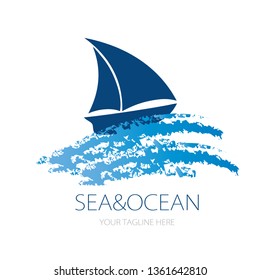 Vector logo design of ocean sea wave and small boat. Can be used logotype for summer beach, sailing tourism,travel,tour, yacht, hotel ship, hospitality in the sea business