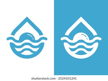 Vector logo design with the outline of water droplets in which there are beach waves with an afternoon atmosphere.