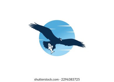 Vector logo design of an oyster eagle or bald eagle flying clutching a fish