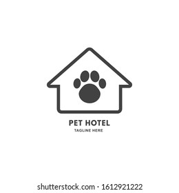 Vector logo design for pet shops, veterinary clinics, animal feed and homeless animals shelters. Line icons of black footprint in line house sign for websites and prints isolated on white background