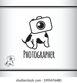 Vector logo design for a photographer studio. Cute puppy with a head like a camera. Black and white. Dog with spots. Dog s photographer.