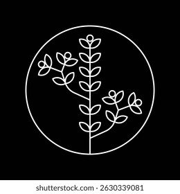 Vektorlogo Design der Pflanze im Kreis mit weißer Linie Kunststil und schwarzem Hintergrund