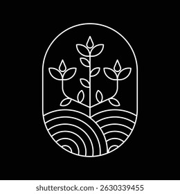 vector logo design plant and nature theme oval shape with white line art style and black background