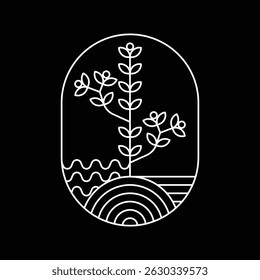 vector logo design plant and nature theme oval shape with white line art style and black background