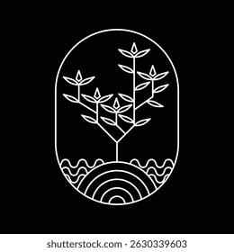 vector logo design plant and nature theme oval shape with white line art style and black background