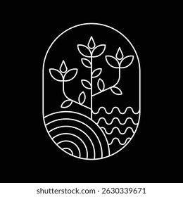 vector logo design plant and nature theme oval shape with white line art style and black background