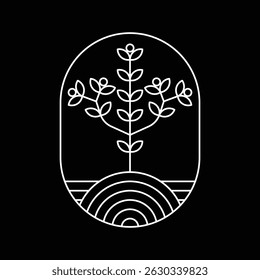 vector logo design plant and nature theme oval shape with white line art style and black background