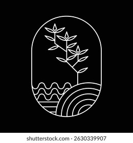 vector logo design plant and nature theme oval shape with white line art style and black background