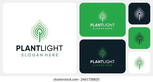 Diseño de logotipo de Vector de forma de planta y línea de color degradado de luz de fuego verde con estilo moderno, simple, limpio y abstracto.