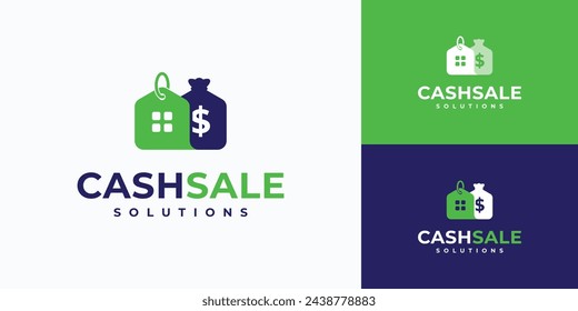 Vector logo design of price tag in the shape of a house and money bag in a modern, simple, clean and abstract style.