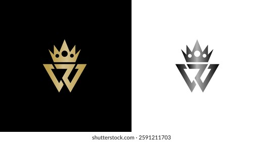 Vector logo design of R and W with crown in gold and silver color