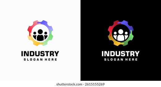 Vector logo design of rotation of gear shape and group of people in modern, simple, clean and abstract style. Icon for business, industrial, technology and personal branding.