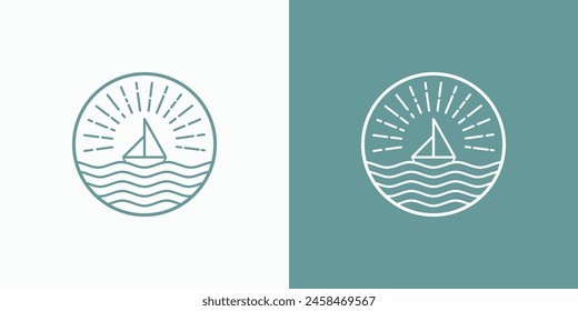 Vector logo design of sailing ship emblem, wavy water and sun rays in circle lines in modern, simple, clean and abstract style.