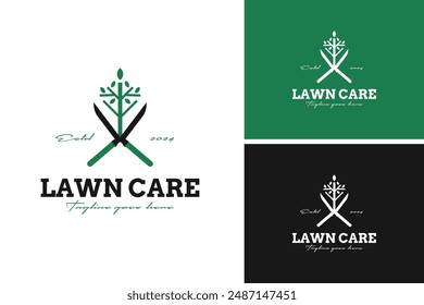 Vector of logo design scissors and leaves for lawn care