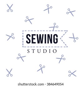 Vector logo design for sewing studio or shop. Patterns with scissors shapes. Can be used for logo and brand design, advertisement, shops, banners, print projects.