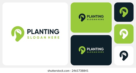 Vector logo design in the shape of a location pin and plants growing in it in a modern, simple, clean and abstract style.
