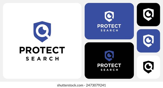 Vector logo design in the shape of a shield and magnifying glass as a search symbol in a modern, simple, clean and abstract style.