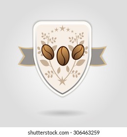 Vector logo design. Shield banner with a ribbon behind it, three coffee beans in the center surrpinded with coffee branches and stars. 