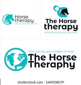 Vector logo design sign horse. woman circle hearth line art suitable for farm healing heartfelt therapy animal lovely.