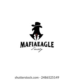 Vector logo design with the silhouette of an eagle wearing a mafia suit and hat, useful for community group logos and detective logos