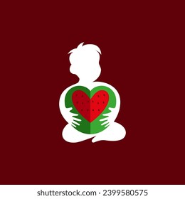 Vektorlogo-Design Silhouette von kleinen Jungen, die Wassermelone mit Liebessymbol hält. für Palästina