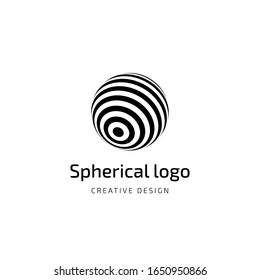 Vector logo design. Spherical globe icon with text. Template of logotype for business, communication, analytics, consult, education of world value.